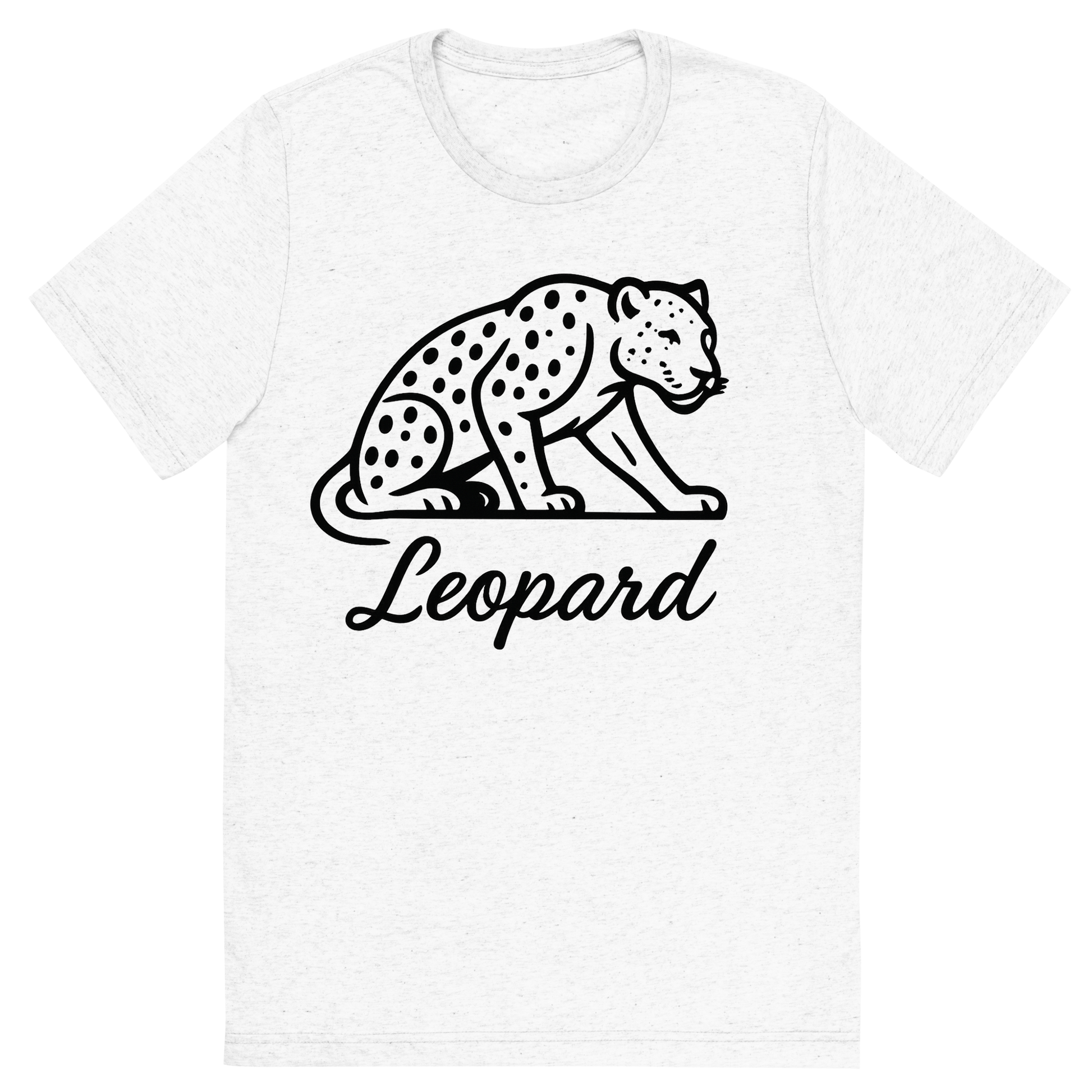 Front view of a Premium Tri-Blend Crew Neck T-Shirt in Solid White showing 'A flat, neutral graphic of a minimalist drawing of a leopard crouched, with visible spots and muscular build. “leopard” is written beneath in flowing script. black ink on white.'