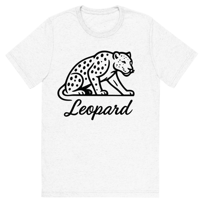 Front view of a Premium Tri-Blend Crew Neck T-Shirt in Solid White showing 'A flat, neutral graphic of a minimalist drawing of a leopard crouched, with visible spots and muscular build. “leopard” is written beneath in flowing script. black ink on white.'