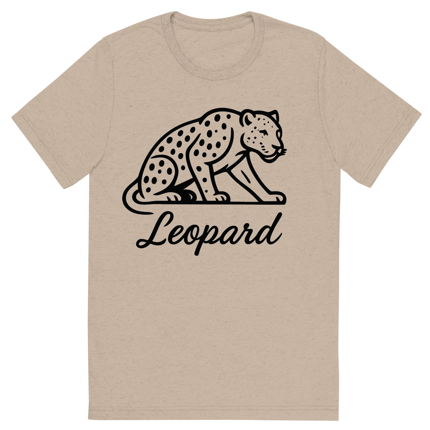 Front view of a Premium Tri-Blend Crew Neck T-Shirt in Tan showing 'A flat, neutral graphic of a minimalist drawing of a leopard crouched, with visible spots and muscular build. “leopard” is written beneath in flowing script. black ink on white.'
