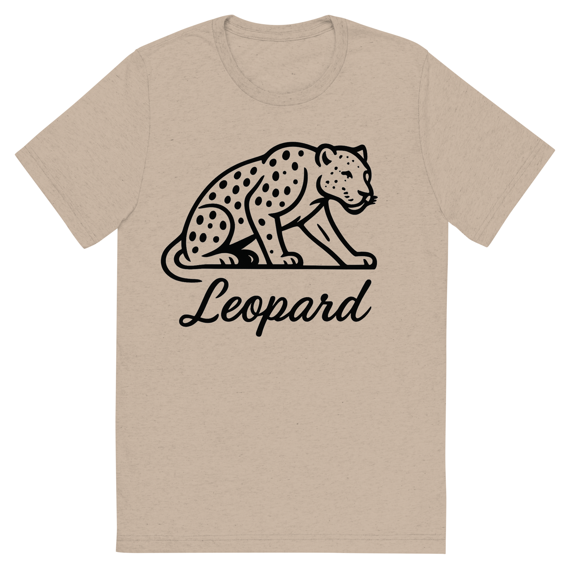 Front view of a Premium Tri-Blend Crew Neck T-Shirt in Tan showing 'A flat, neutral graphic of a minimalist drawing of a leopard crouched, with visible spots and muscular build. “leopard” is written beneath in flowing script. black ink on white.'