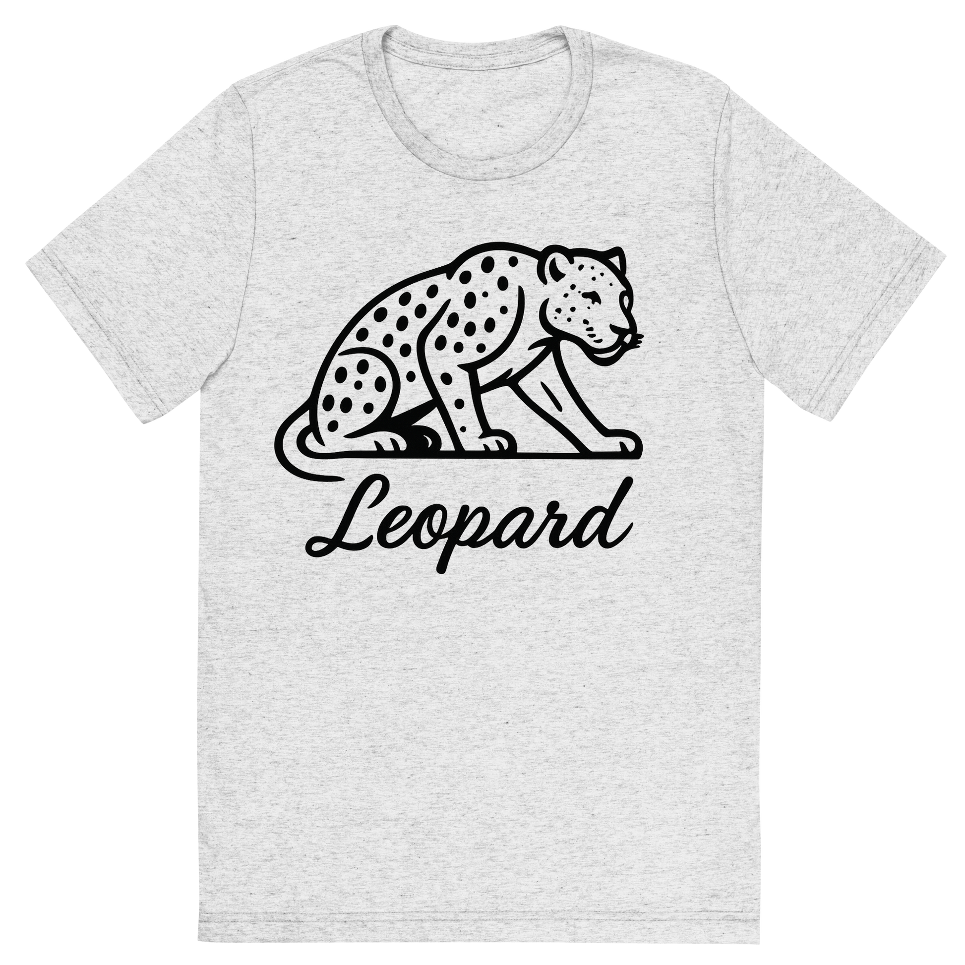 Front view of a Premium Tri-Blend Crew Neck T-Shirt in White Fleck showing 'A flat, neutral graphic of a minimalist drawing of a leopard crouched, with visible spots and muscular build. “leopard” is written beneath in flowing script. black ink on white.'