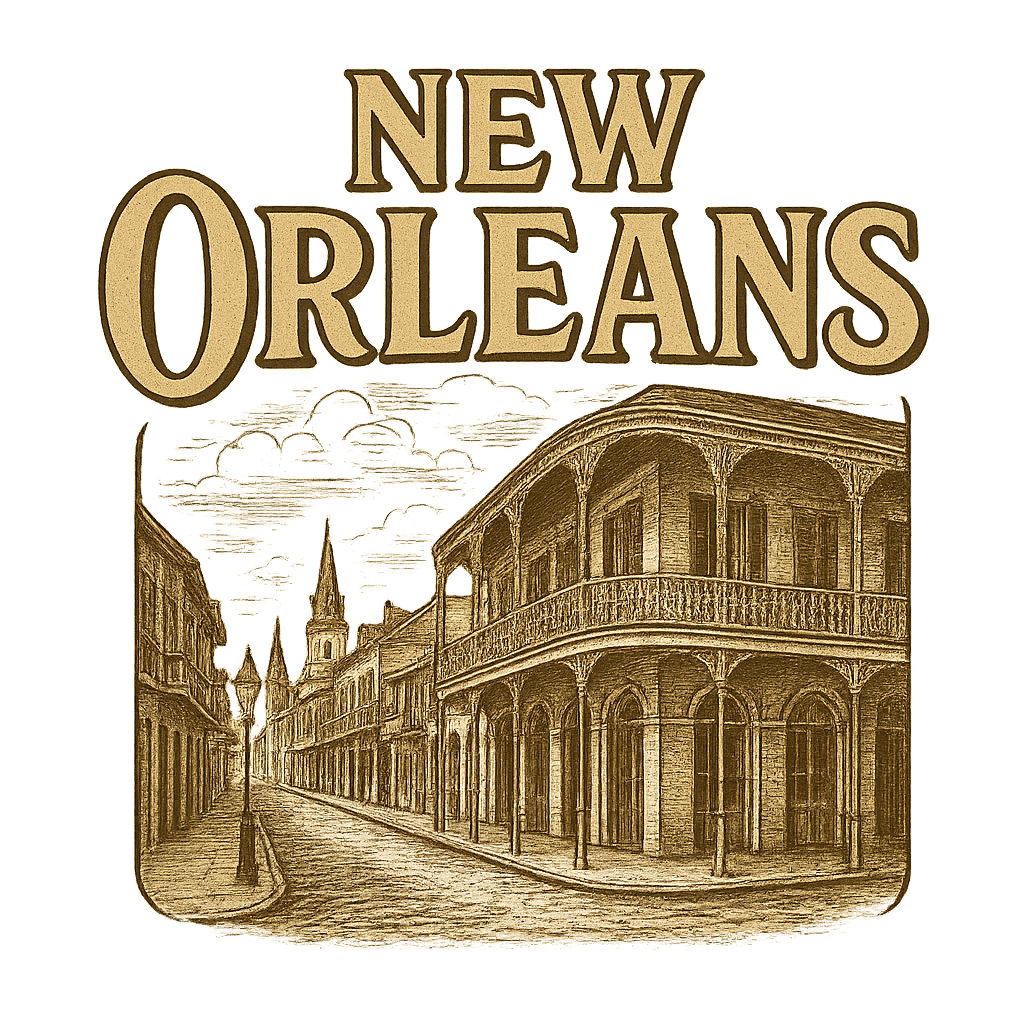 A typographic, nostalgic graphic of a typographic illustration of the words 'new orleans' with a vintage line art drawing of the french quarter – a t-shirt design