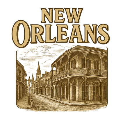 A typographic, nostalgic graphic of a typographic illustration of the words 'new orleans' with a vintage line art drawing of the french quarter – a t-shirt design