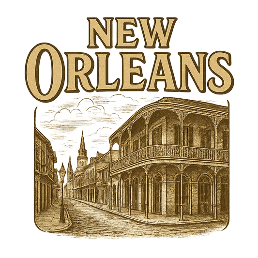 A typographic, nostalgic graphic of a typographic illustration of the words 'new orleans' with a vintage line art drawing of the french quarter – a t-shirt design
