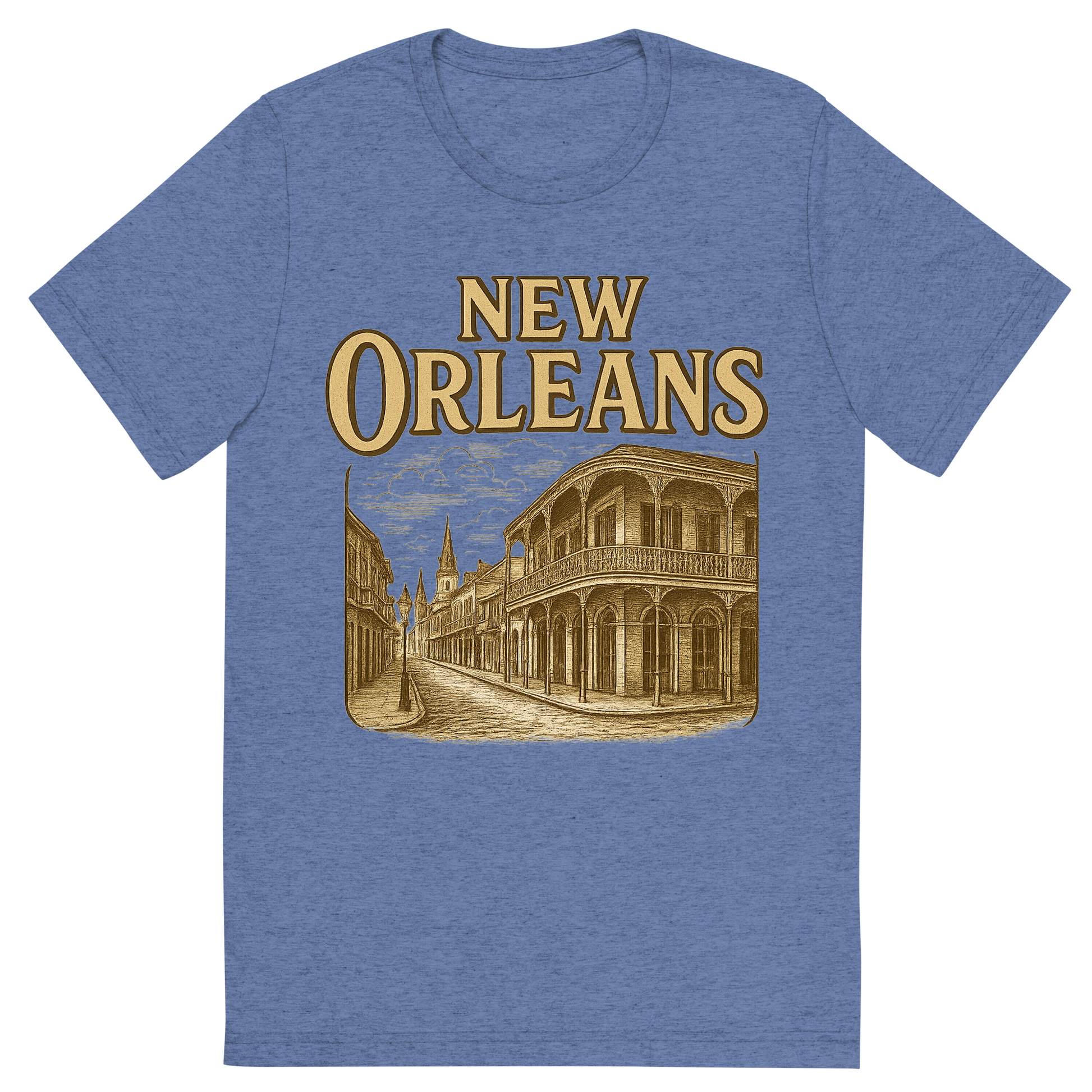 Front view of a Premium Tri-Blend Crew Neck T-Shirt in Blue showing 'A typographic, nostalgic graphic of a typographic illustration of the words 'new orleans' with a vintage line art drawing of the french quarter'