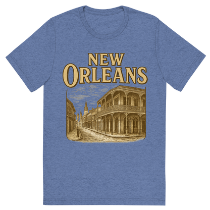 Front view of a Premium Tri-Blend Crew Neck T-Shirt in Blue showing 'A typographic, nostalgic graphic of a typographic illustration of the words 'new orleans' with a vintage line art drawing of the french quarter'