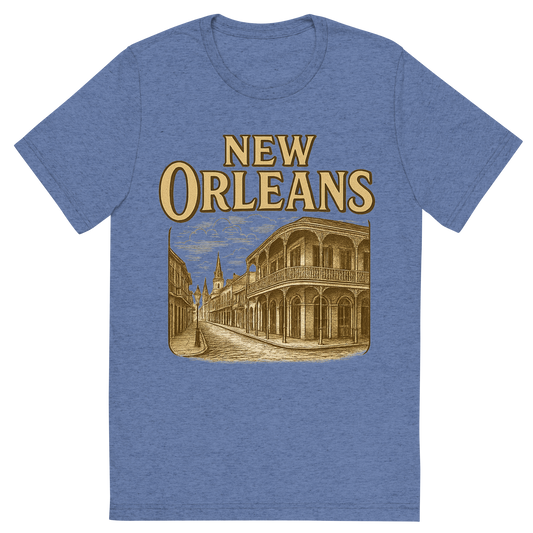 Front view of a Premium Tri-Blend Crew Neck T-Shirt in Blue showing 'A typographic, nostalgic graphic of a typographic illustration of the words 'new orleans' with a vintage line art drawing of the french quarter'