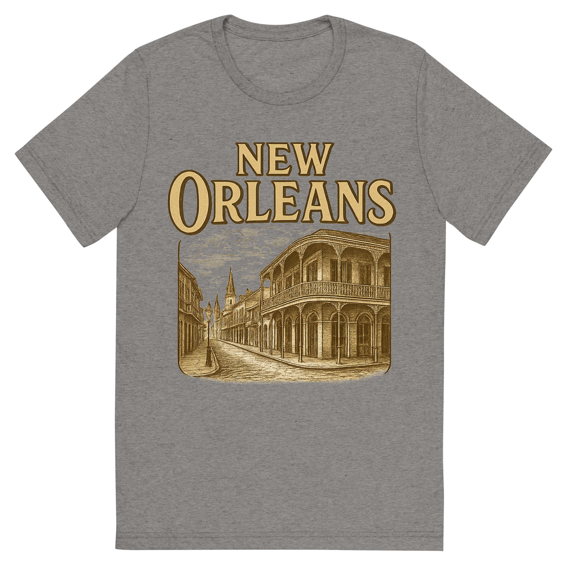 Front view of a Premium Tri-Blend Crew Neck T-Shirt in Grey showing 'A typographic, nostalgic graphic of a typographic illustration of the words 'new orleans' with a vintage line art drawing of the french quarter'