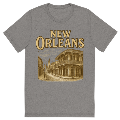Front view of a Premium Tri-Blend Crew Neck T-Shirt in Grey showing 'A typographic, nostalgic graphic of a typographic illustration of the words 'new orleans' with a vintage line art drawing of the french quarter'