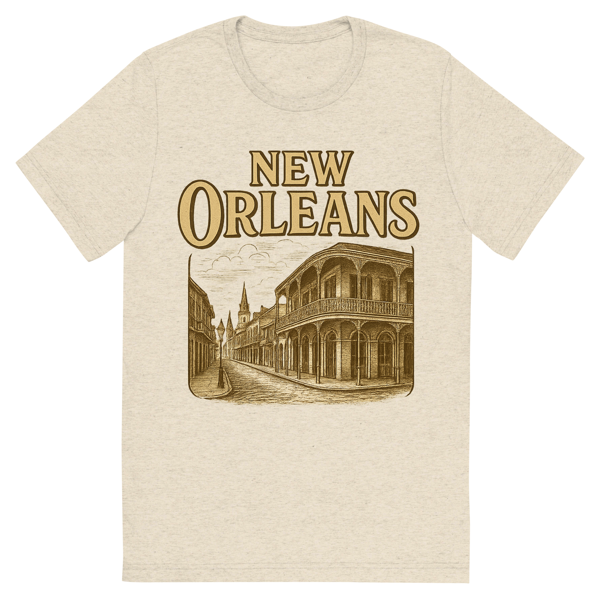 Front view of a Premium Tri-Blend Crew Neck T-Shirt in Oatmeal showing 'A typographic, nostalgic graphic of a typographic illustration of the words 'new orleans' with a vintage line art drawing of the french quarter'