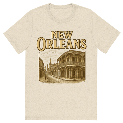 Front view of a Premium Tri-Blend Crew Neck T-Shirt in Oatmeal showing 'A typographic, nostalgic graphic of a typographic illustration of the words 'new orleans' with a vintage line art drawing of the french quarter'
