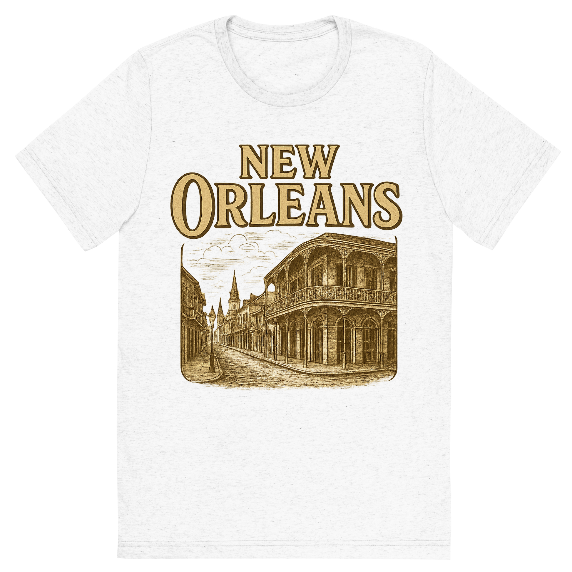 Front view of a Premium Tri-Blend Crew Neck T-Shirt in Solid White showing 'A typographic, nostalgic graphic of a typographic illustration of the words 'new orleans' with a vintage line art drawing of the french quarter'