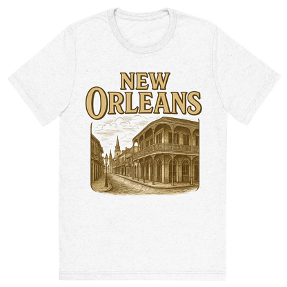 Front view of a Premium Tri-Blend Crew Neck T-Shirt in Solid White showing 'A typographic, nostalgic graphic of a typographic illustration of the words 'new orleans' with a vintage line art drawing of the french quarter'