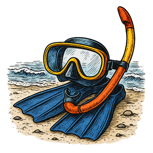 A hand-drawn ink with pops of color, adventurous graphic of a set of snorkel gear and fins placed on the shoreline with small waves approaching, hand-drawn ink with pops of color, centered composition, transparent background, optimized for dtg printing - a t-shirt design