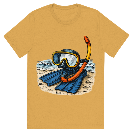 Front view of a Premium Tri-Blend Crew Neck T-Shirt in Mustard showing 'A hand-drawn ink with pops of color, adventurous graphic of a set of snorkel gear and fins placed on the shoreline with small waves approaching, hand-drawn ink with pops of color, centered composition, transparent background, optimized for dtg printing'
