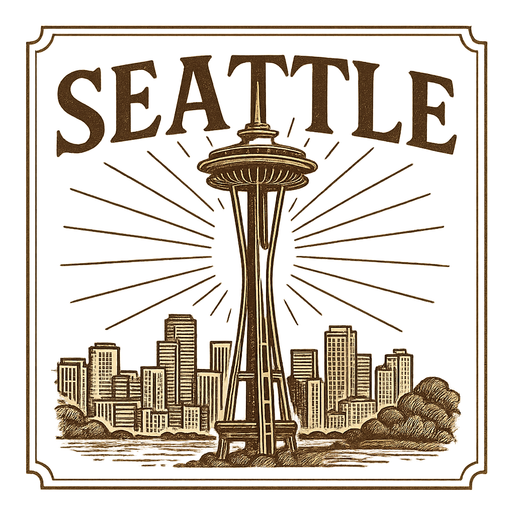 A typographic, nostalgic graphic of a typographic illustration of the words 'seattle' with a vintage line art drawing of the space needle – a t-shirt design