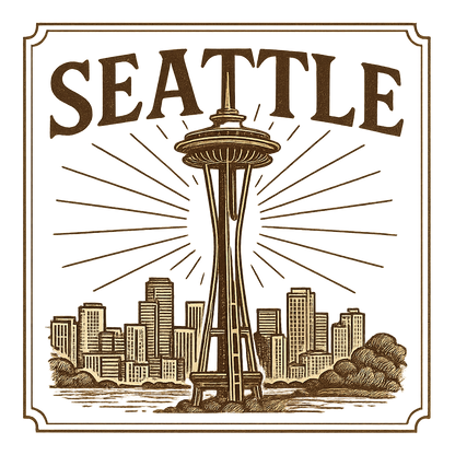 A typographic, nostalgic graphic of a typographic illustration of the words 'seattle' with a vintage line art drawing of the space needle – a t-shirt design