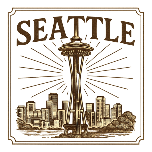 A typographic, nostalgic graphic of a typographic illustration of the words 'seattle' with a vintage line art drawing of the space needle – a t-shirt design