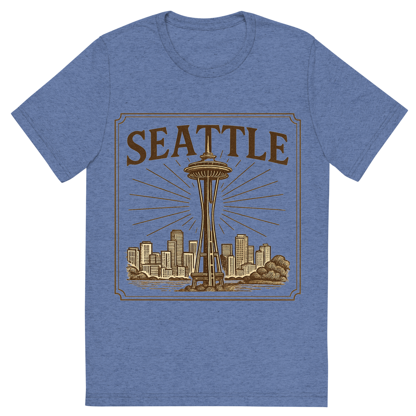 Front view of a Premium Tri-Blend Crew Neck T-Shirt in Blue showing 'A typographic, nostalgic graphic of a typographic illustration of the words 'seattle' with a vintage line art drawing of the space needle'