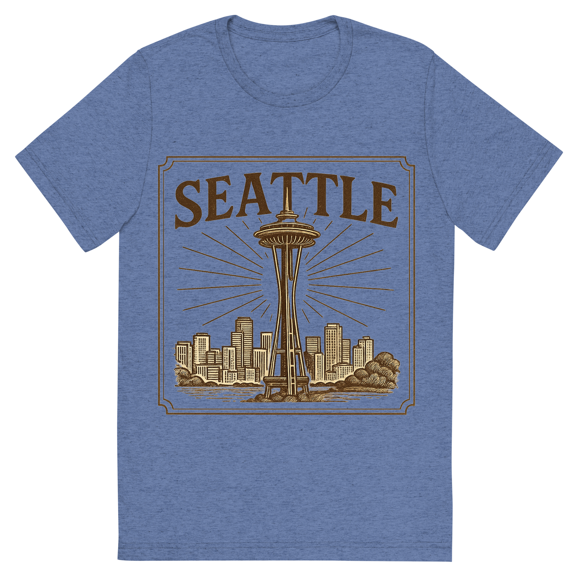 Front view of a Premium Tri-Blend Crew Neck T-Shirt in Blue showing 'A typographic, nostalgic graphic of a typographic illustration of the words 'seattle' with a vintage line art drawing of the space needle'