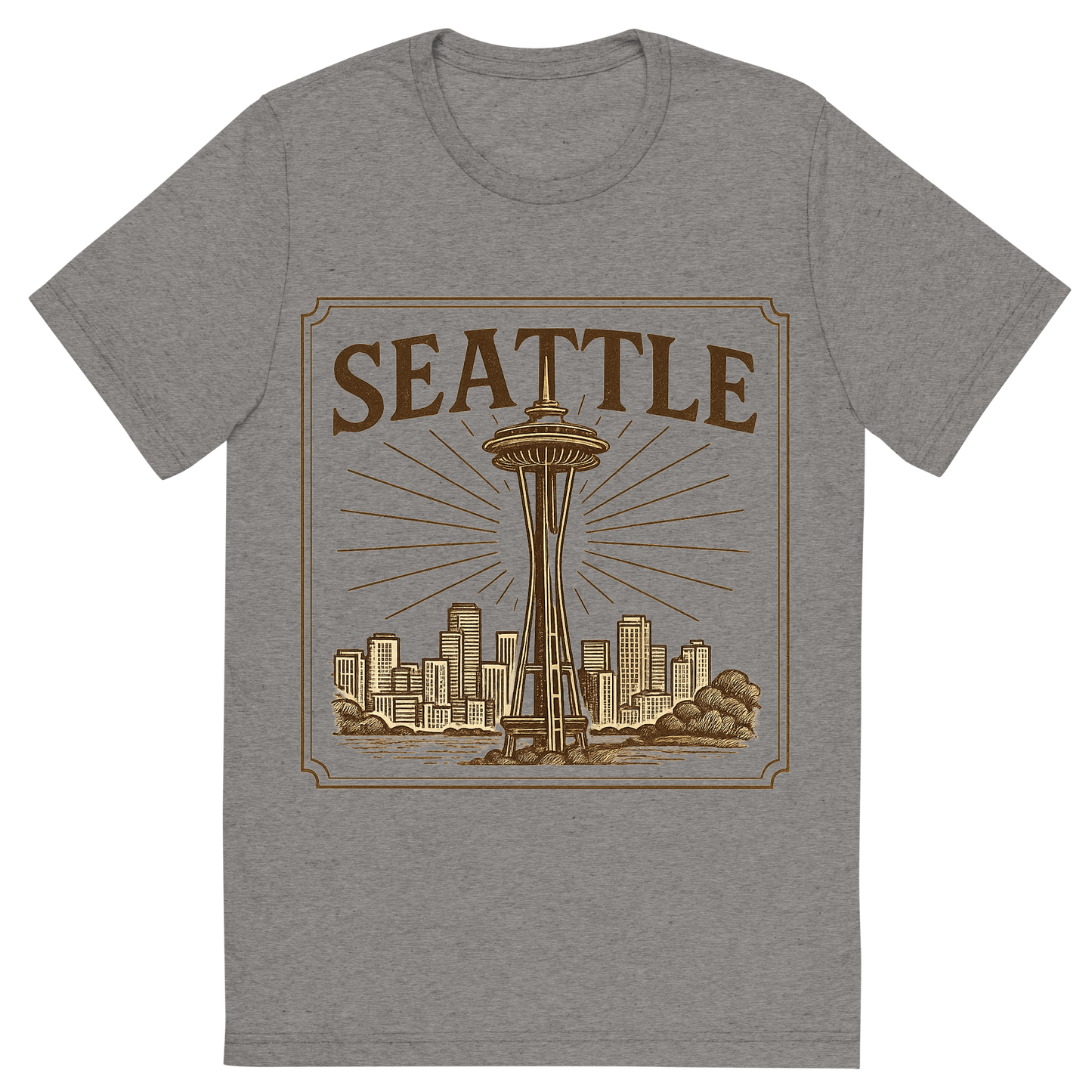 Front view of a Premium Tri-Blend Crew Neck T-Shirt in Grey showing 'A typographic, nostalgic graphic of a typographic illustration of the words 'seattle' with a vintage line art drawing of the space needle'