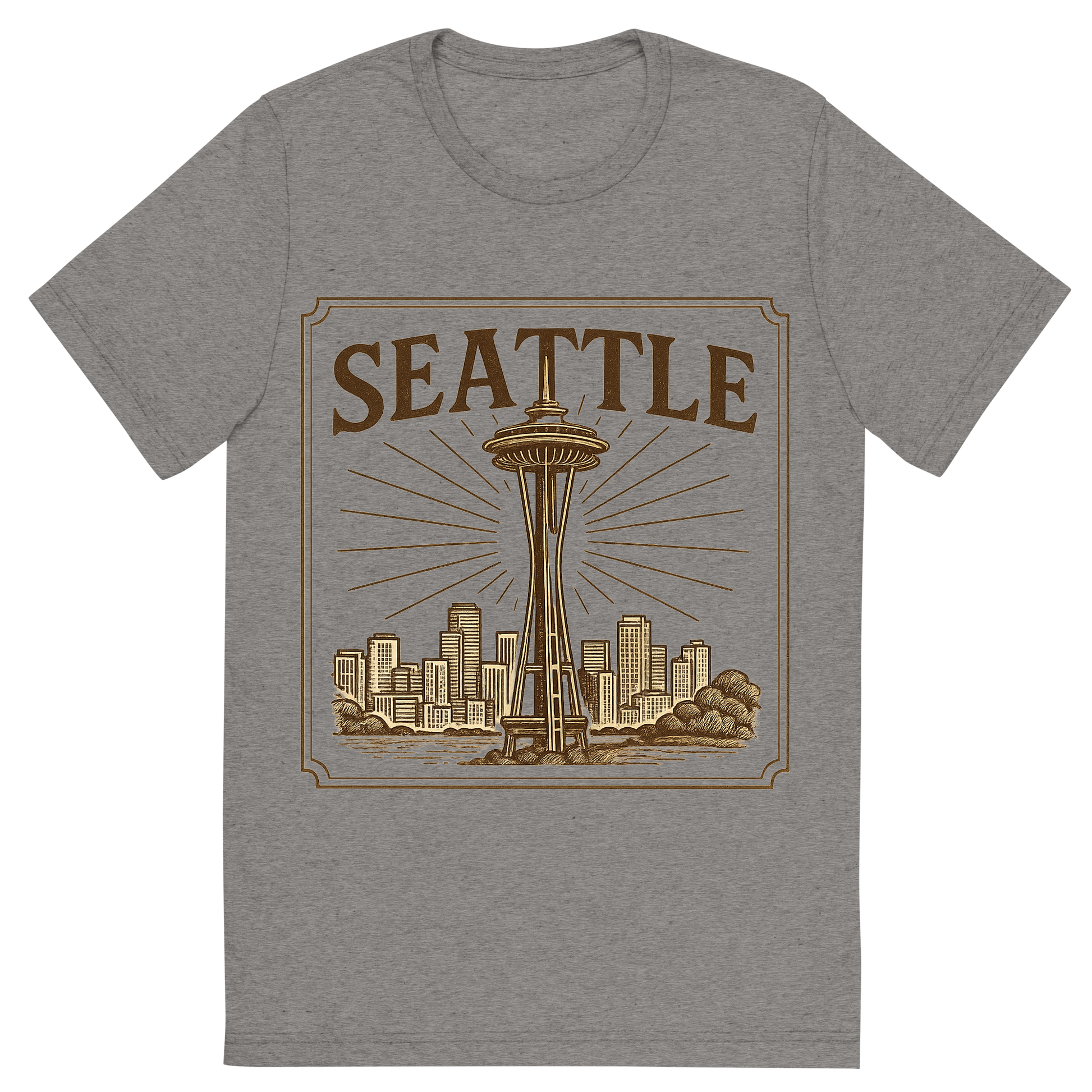 Front view of a Premium Tri-Blend Crew Neck T-Shirt in Grey showing 'A typographic, nostalgic graphic of a typographic illustration of the words 'seattle' with a vintage line art drawing of the space needle'