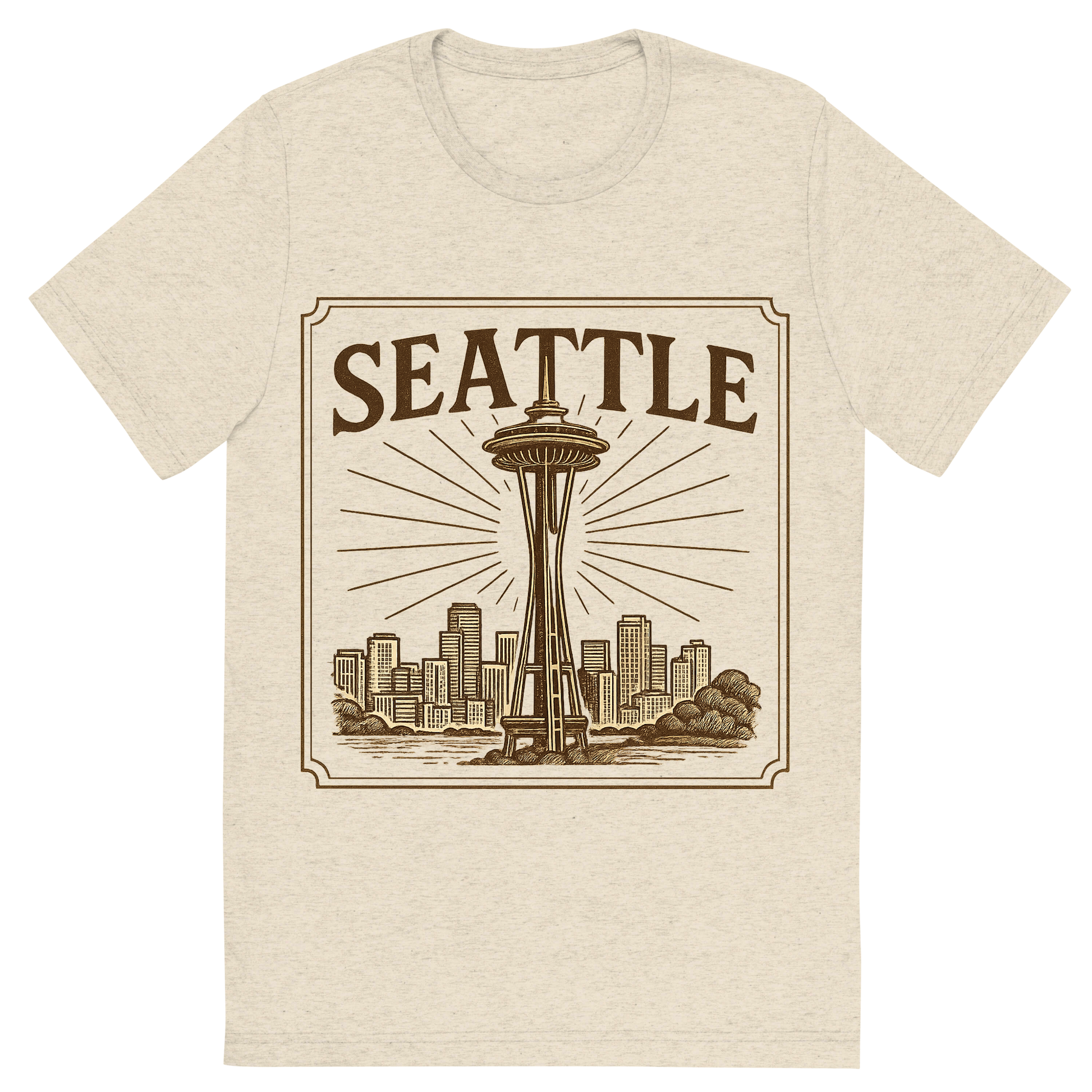 Front view of a Premium Tri-Blend Crew Neck T-Shirt in Oatmeal showing 'A typographic, nostalgic graphic of a typographic illustration of the words 'seattle' with a vintage line art drawing of the space needle'