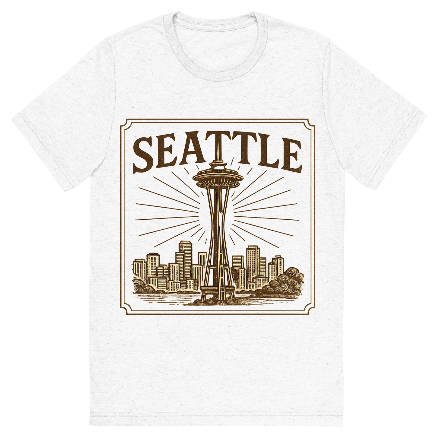 Front view of a Premium Tri-Blend Crew Neck T-Shirt in Solid White showing 'A typographic, nostalgic graphic of a typographic illustration of the words 'seattle' with a vintage line art drawing of the space needle'