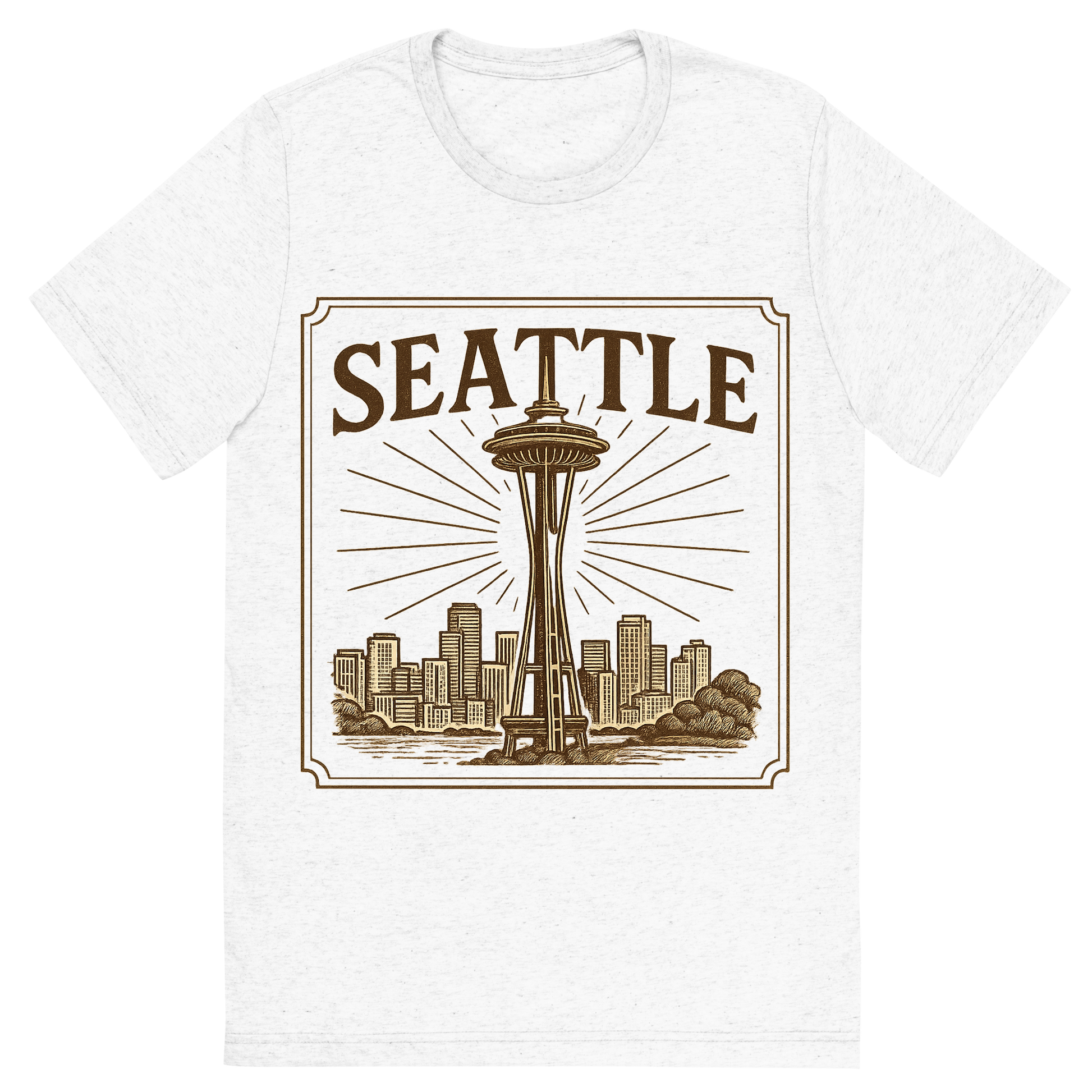Front view of a Premium Tri-Blend Crew Neck T-Shirt in Solid White showing 'A typographic, nostalgic graphic of a typographic illustration of the words 'seattle' with a vintage line art drawing of the space needle'