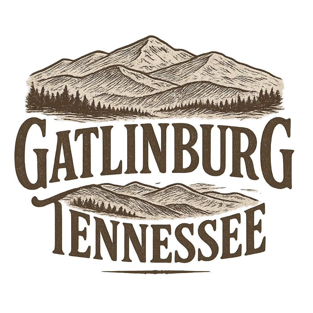 A typographic, nostalgic graphic of a typographic illustration of the words 'gatlinburg, tennessee' with a vintage line art drawing of the great smoky mountains – a t-shirt design