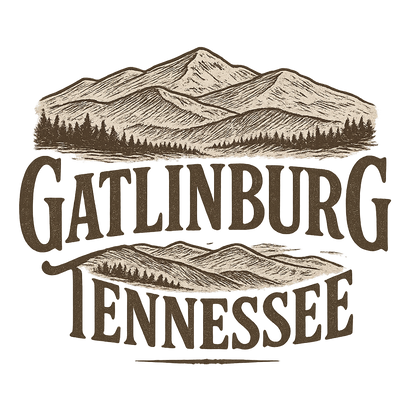 A typographic, nostalgic graphic of a typographic illustration of the words 'gatlinburg, tennessee' with a vintage line art drawing of the great smoky mountains – a t-shirt design