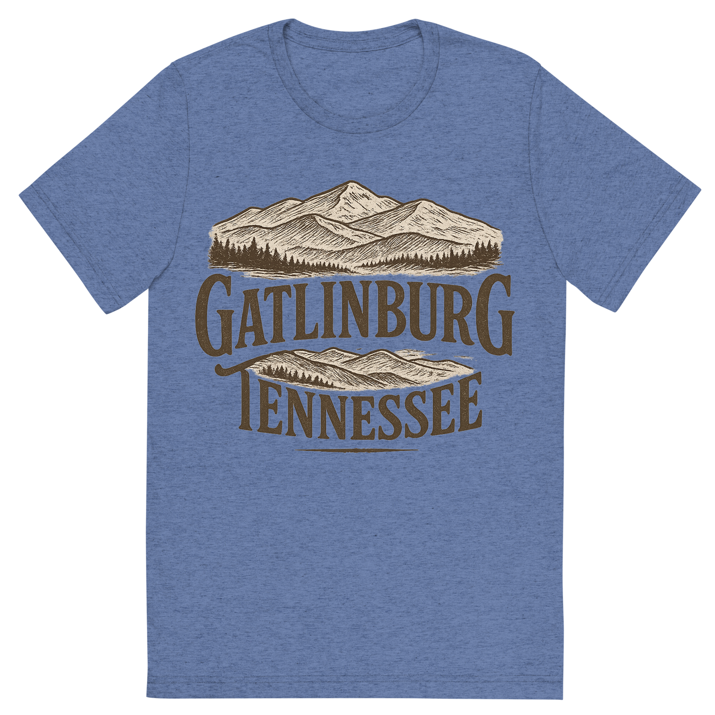 Front view of a Premium Tri-Blend Crew Neck T-Shirt in Blue showing 'A typographic, nostalgic graphic of a typographic illustration of the words 'gatlinburg, tennessee' with a vintage line art drawing of the great smoky mountains'