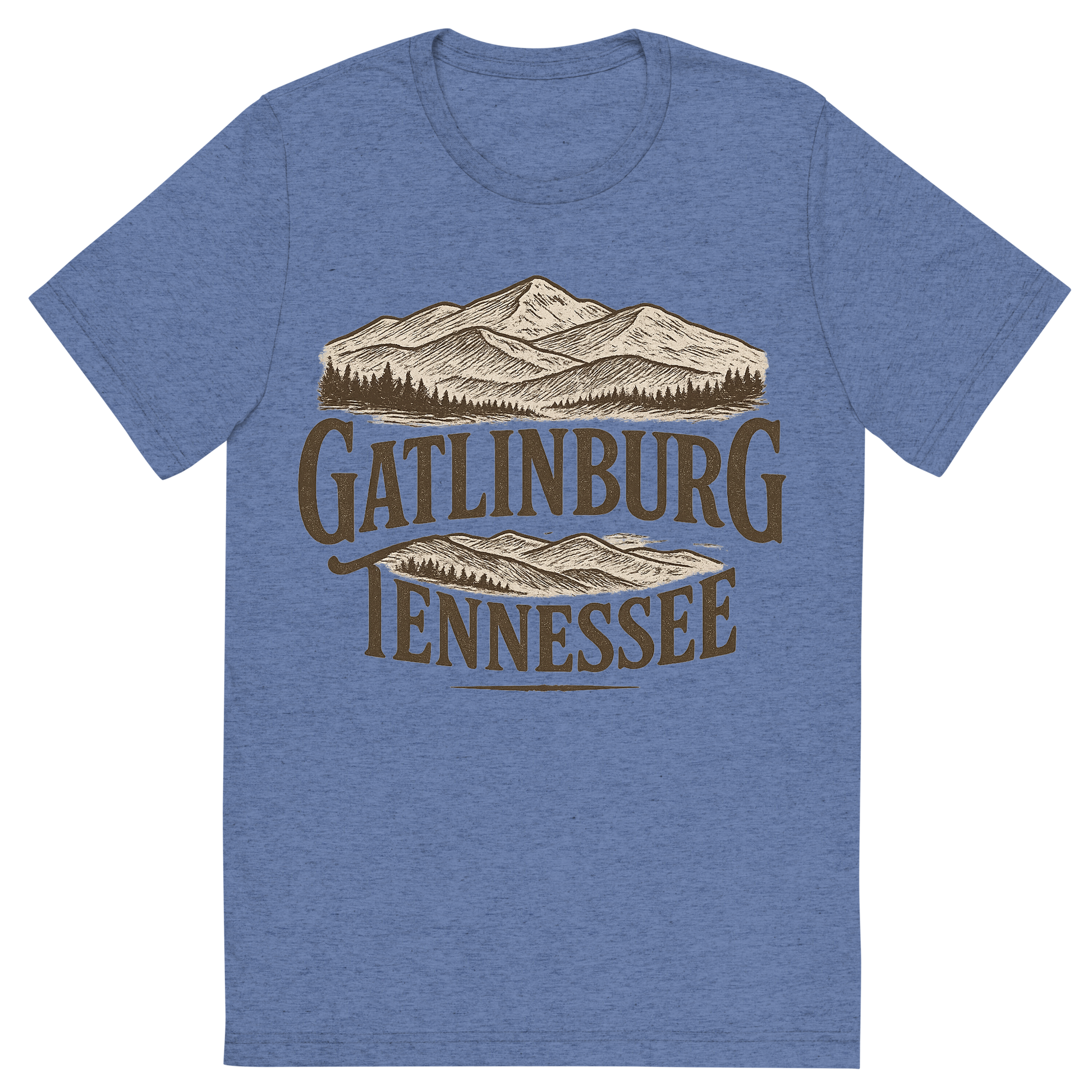 Front view of a Premium Tri-Blend Crew Neck T-Shirt in Blue showing 'A typographic, nostalgic graphic of a typographic illustration of the words 'gatlinburg, tennessee' with a vintage line art drawing of the great smoky mountains'