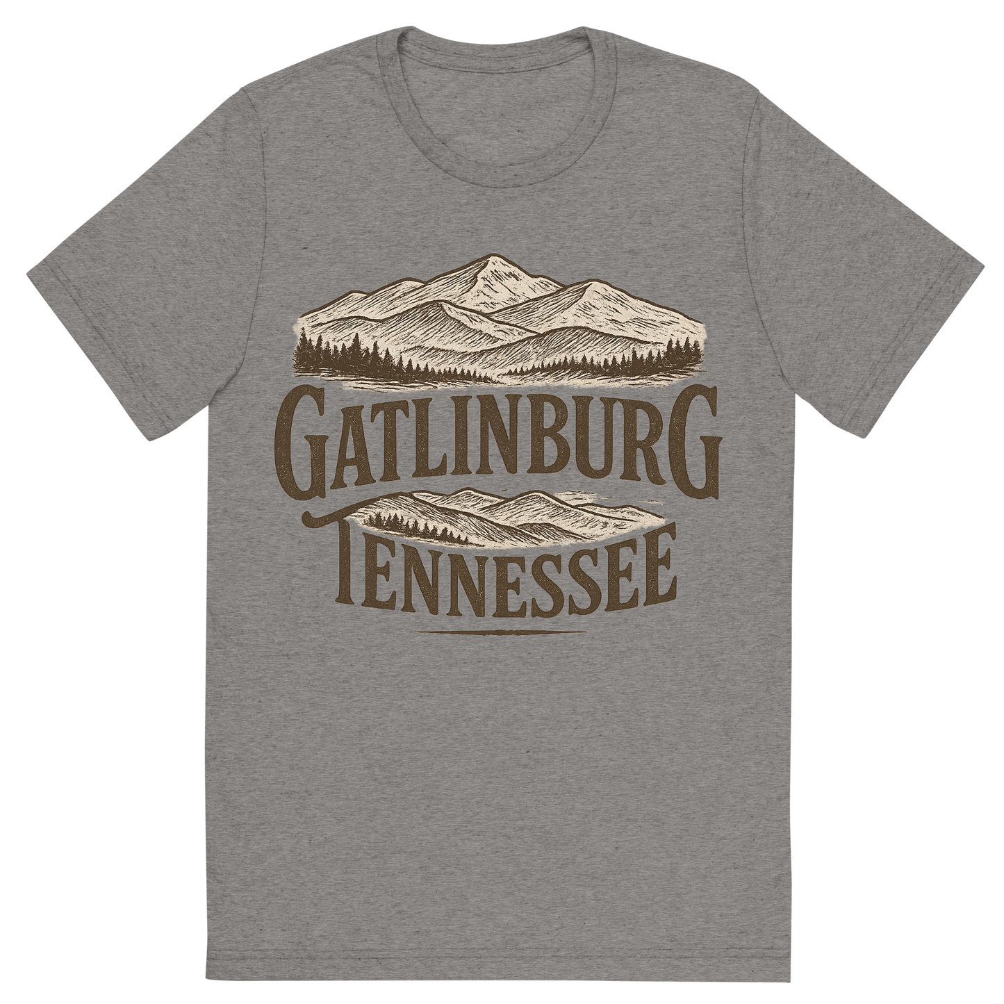 Front view of a Premium Tri-Blend Crew Neck T-Shirt in Grey showing 'A typographic, nostalgic graphic of a typographic illustration of the words 'gatlinburg, tennessee' with a vintage line art drawing of the great smoky mountains'