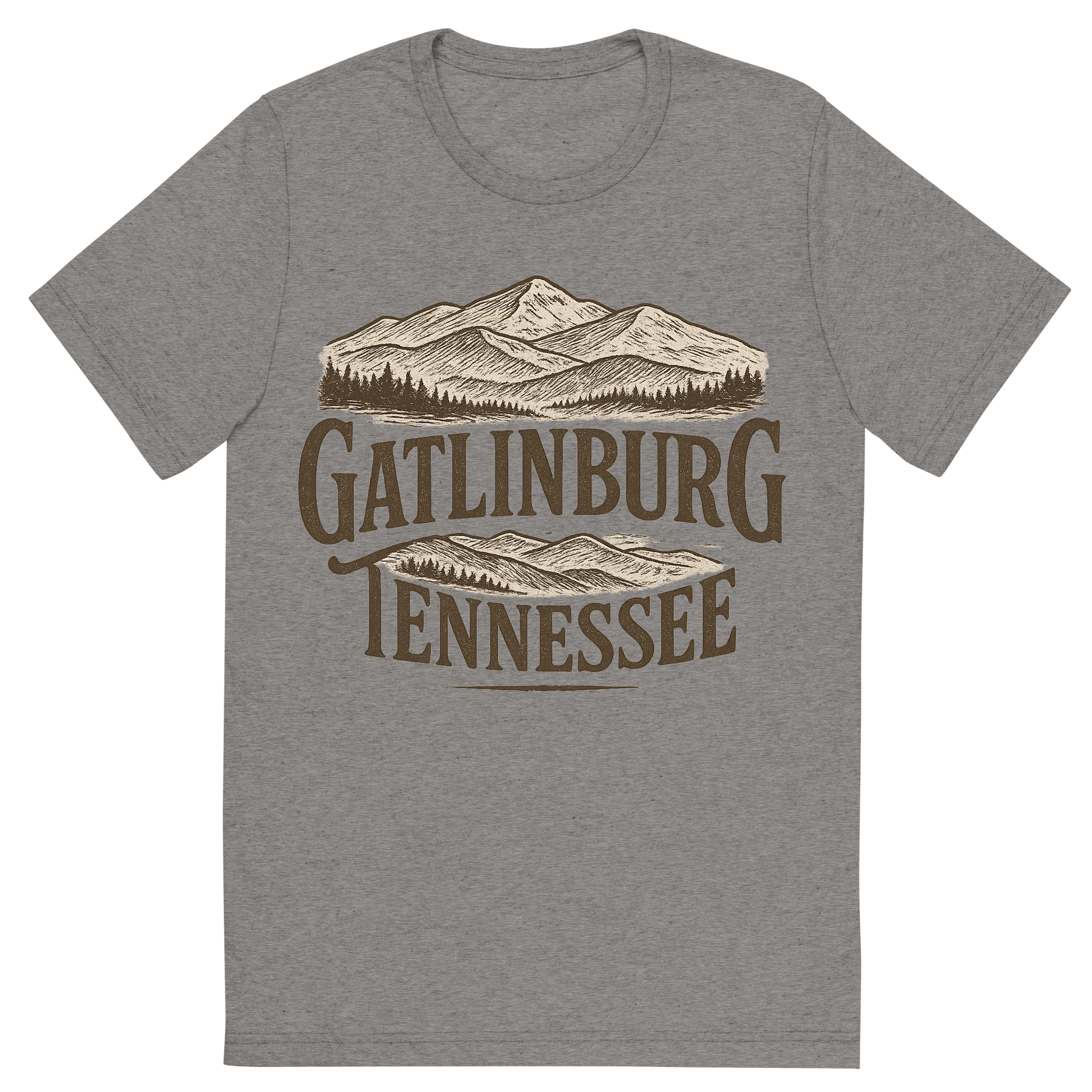 Front view of a Premium Tri-Blend Crew Neck T-Shirt in Grey showing 'A typographic, nostalgic graphic of a typographic illustration of the words 'gatlinburg, tennessee' with a vintage line art drawing of the great smoky mountains'