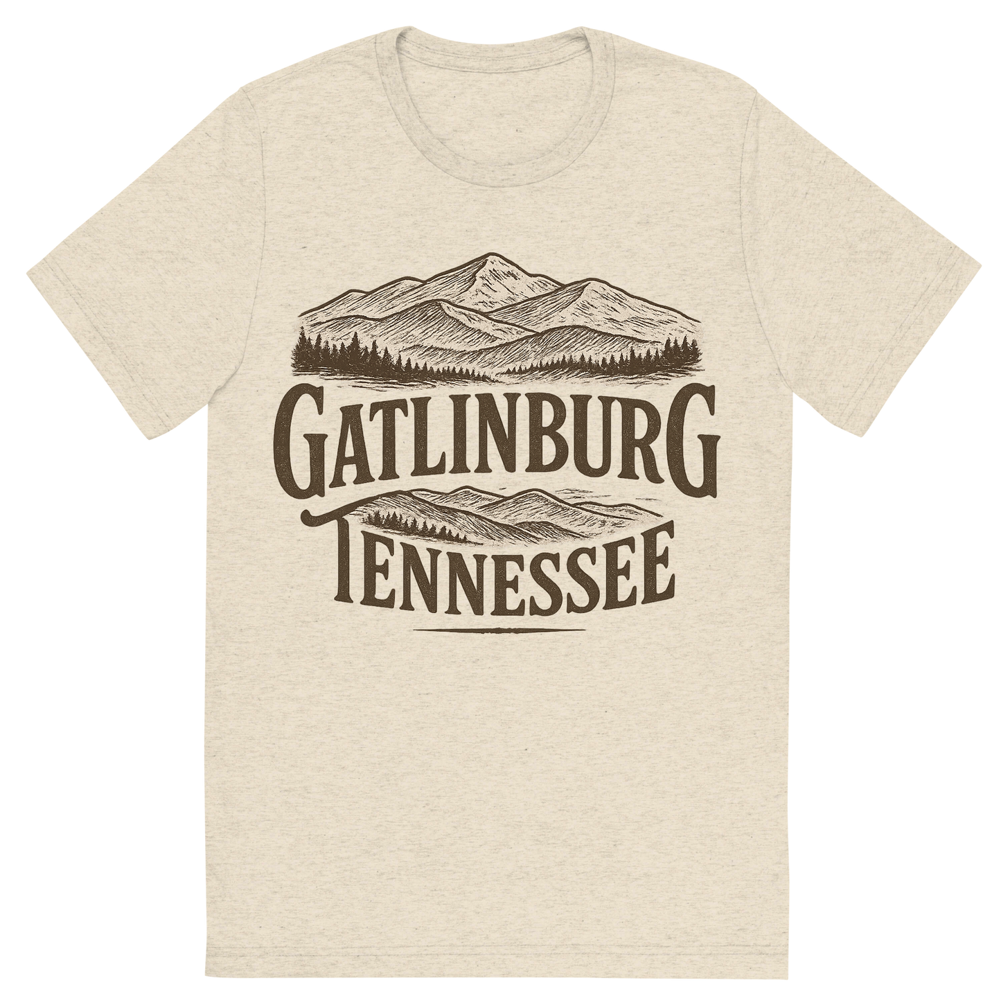 Front view of a Premium Tri-Blend Crew Neck T-Shirt in Oatmeal showing 'A typographic, nostalgic graphic of a typographic illustration of the words 'gatlinburg, tennessee' with a vintage line art drawing of the great smoky mountains'