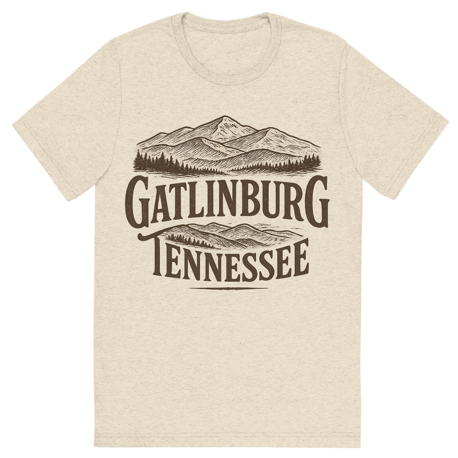 Front view of a Premium Tri-Blend Crew Neck T-Shirt in Oatmeal showing 'A typographic, nostalgic graphic of a typographic illustration of the words 'gatlinburg, tennessee' with a vintage line art drawing of the great smoky mountains'