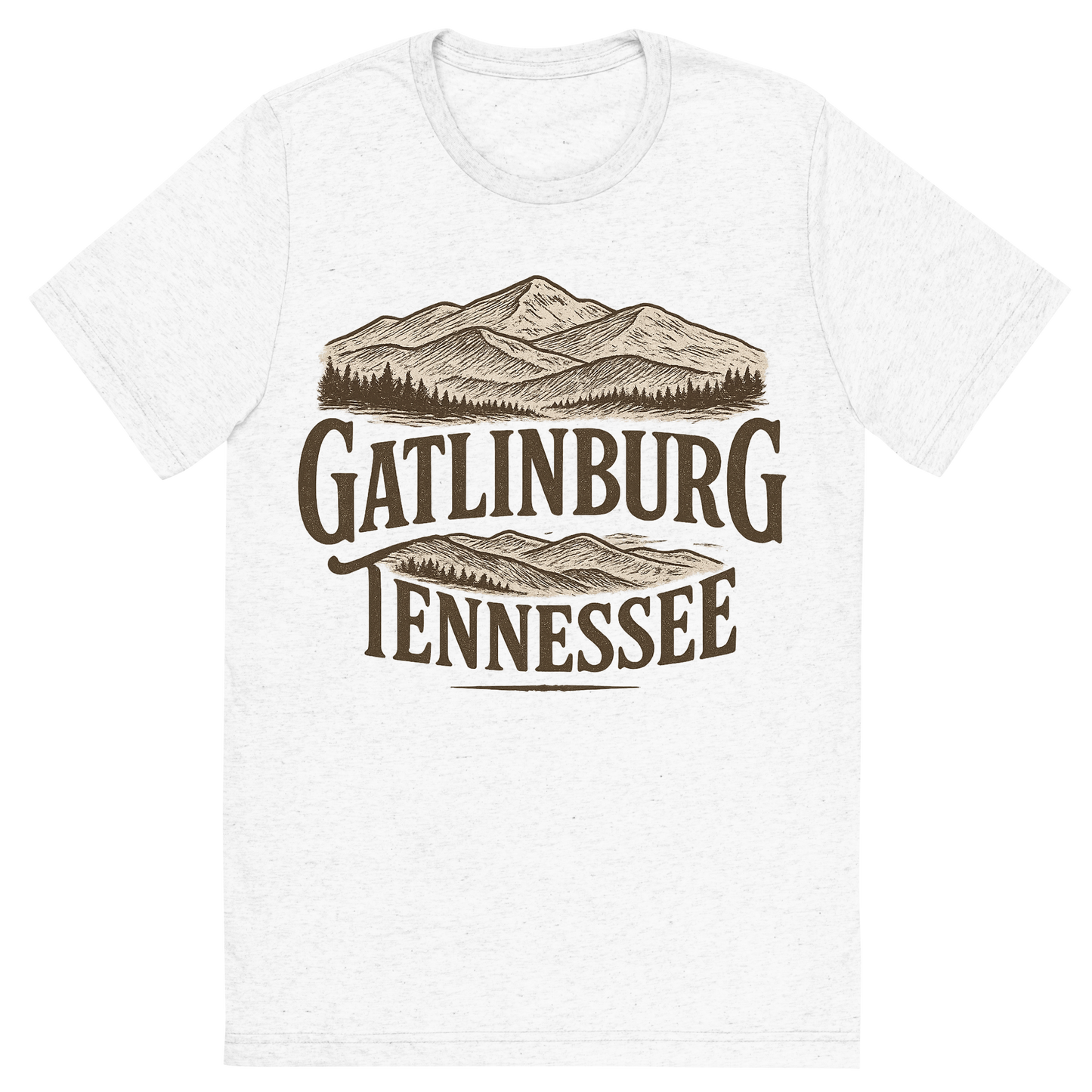Front view of a Premium Tri-Blend Crew Neck T-Shirt in Solid White showing 'A typographic, nostalgic graphic of a typographic illustration of the words 'gatlinburg, tennessee' with a vintage line art drawing of the great smoky mountains'