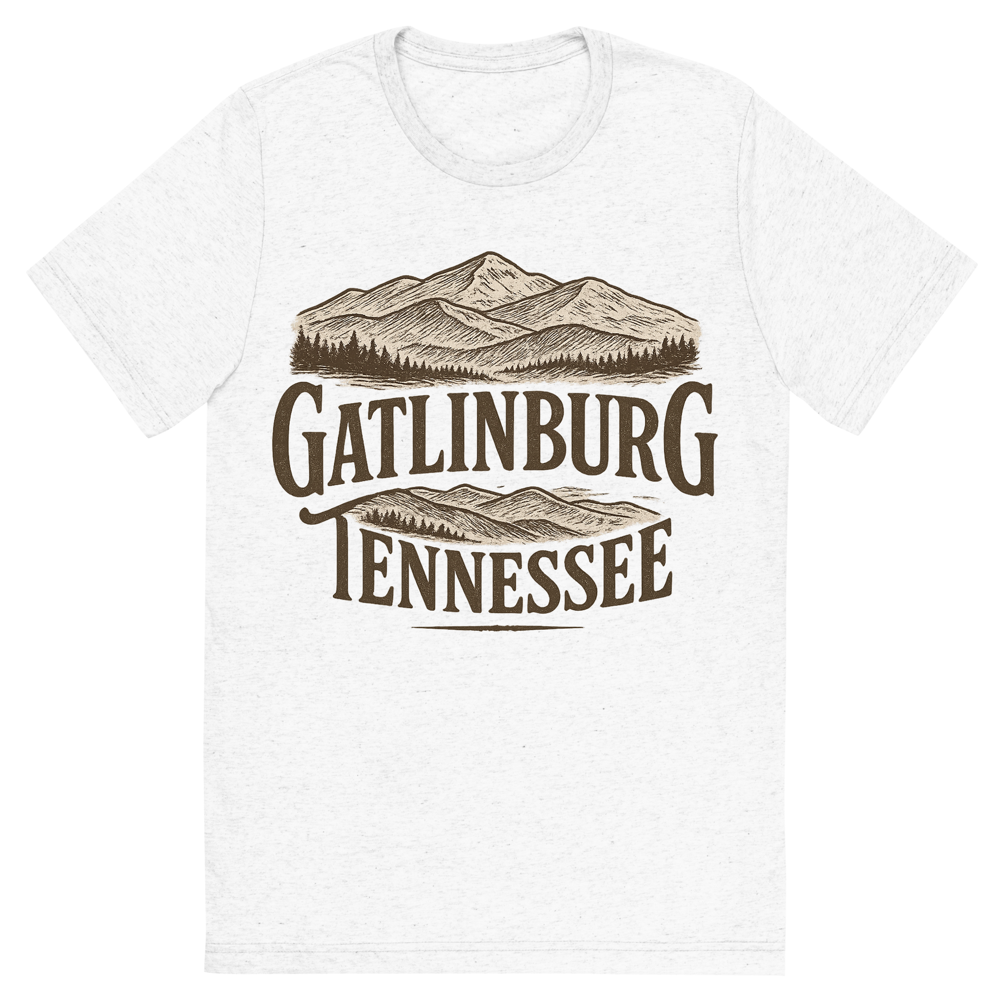 Front view of a Premium Tri-Blend Crew Neck T-Shirt in Solid White showing 'A typographic, nostalgic graphic of a typographic illustration of the words 'gatlinburg, tennessee' with a vintage line art drawing of the great smoky mountains'