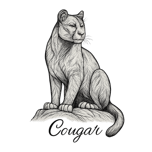 A flat, neutral graphic of a  sketch of a cougar perched with alert posture. “cougar” appears in elegant cursive beneath. detailed ink illustration on a white background. - a t-shirt design