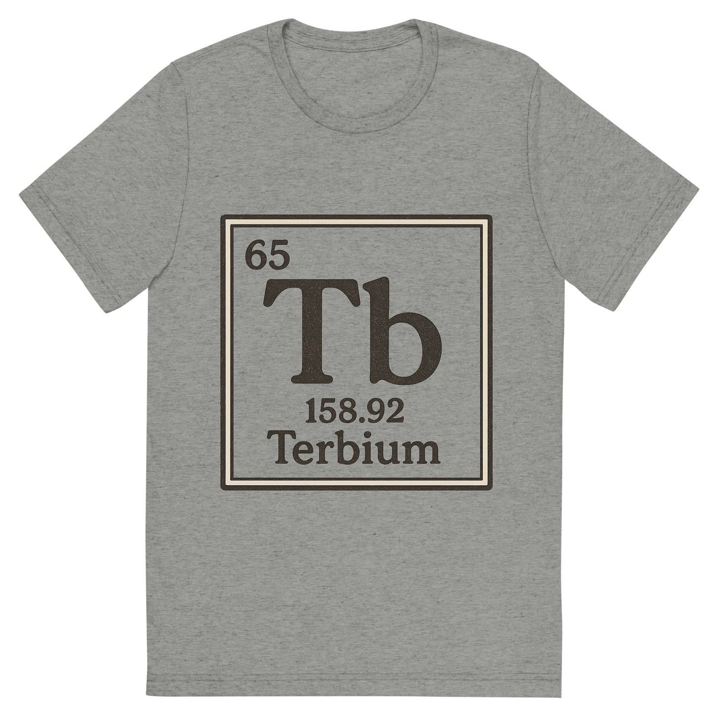 Front view of a Premium Tri-Blend Crew Neck T-Shirt in Athletic Grey showing 'A line art, nostalgic graphic of terbium's entry on the periodic table, use a dark color for the lines and text'