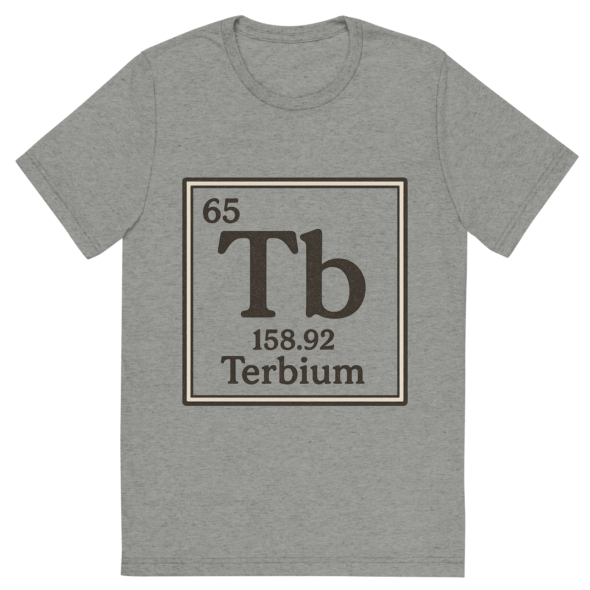 Front view of a Premium Tri-Blend Crew Neck T-Shirt in Athletic Grey showing 'A line art, nostalgic graphic of terbium's entry on the periodic table, use a dark color for the lines and text'
