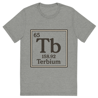 Front view of a Premium Tri-Blend Crew Neck T-Shirt in Athletic Grey showing 'A line art, nostalgic graphic of terbium's entry on the periodic table, use a dark color for the lines and text'