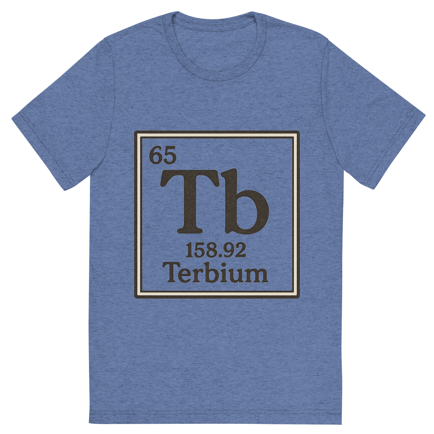 Front view of a Premium Tri-Blend Crew Neck T-Shirt in Blue showing 'A line art, nostalgic graphic of terbium's entry on the periodic table, use a dark color for the lines and text'