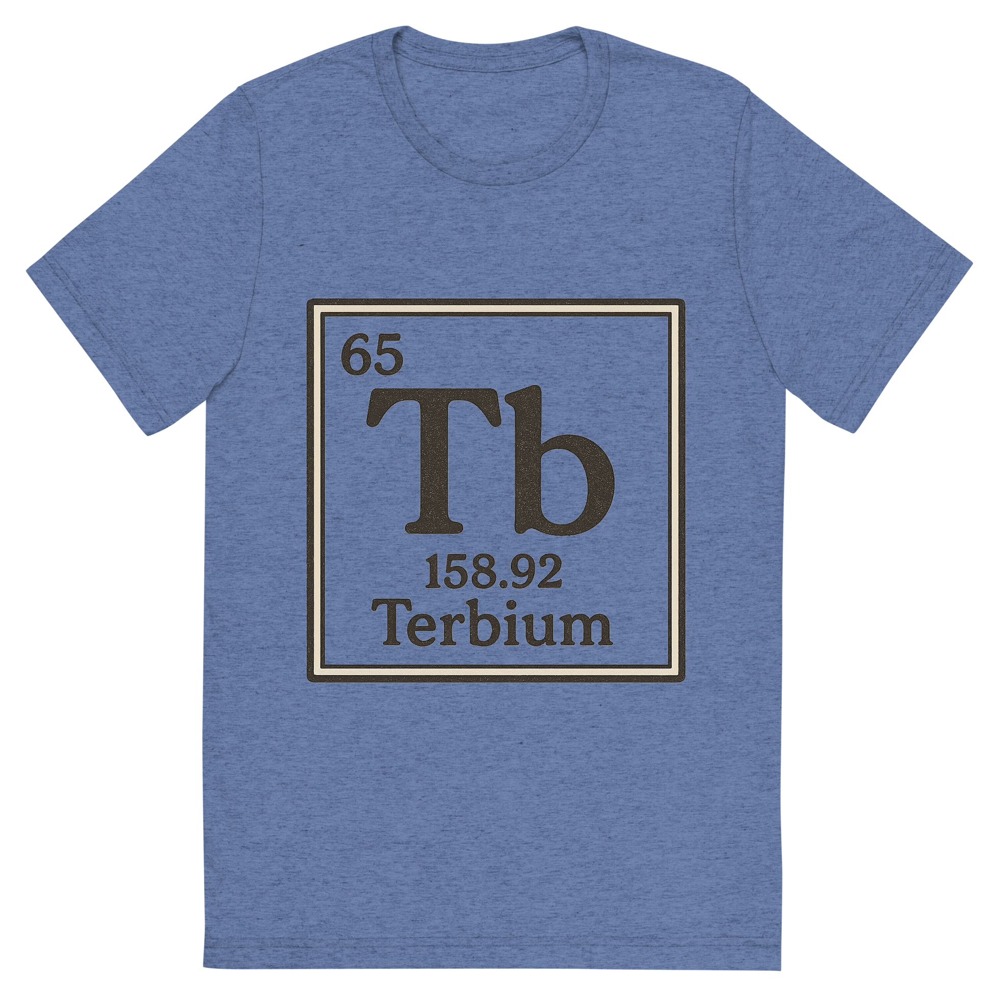 Front view of a Premium Tri-Blend Crew Neck T-Shirt in Blue showing 'A line art, nostalgic graphic of terbium's entry on the periodic table, use a dark color for the lines and text'