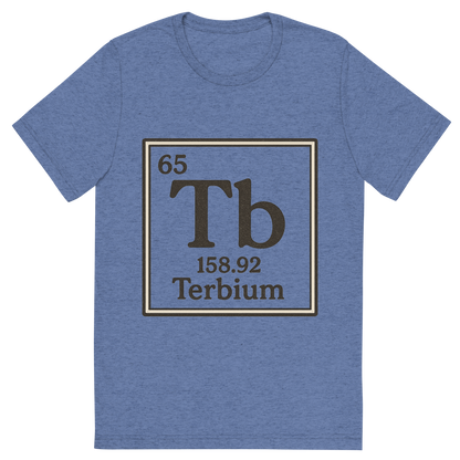 Front view of a Premium Tri-Blend Crew Neck T-Shirt in Blue showing 'A line art, nostalgic graphic of terbium's entry on the periodic table, use a dark color for the lines and text'