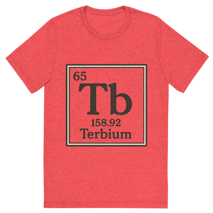 Front view of a Premium Tri-Blend Crew Neck T-Shirt in Red showing 'A line art, nostalgic graphic of terbium's entry on the periodic table, use a dark color for the lines and text'