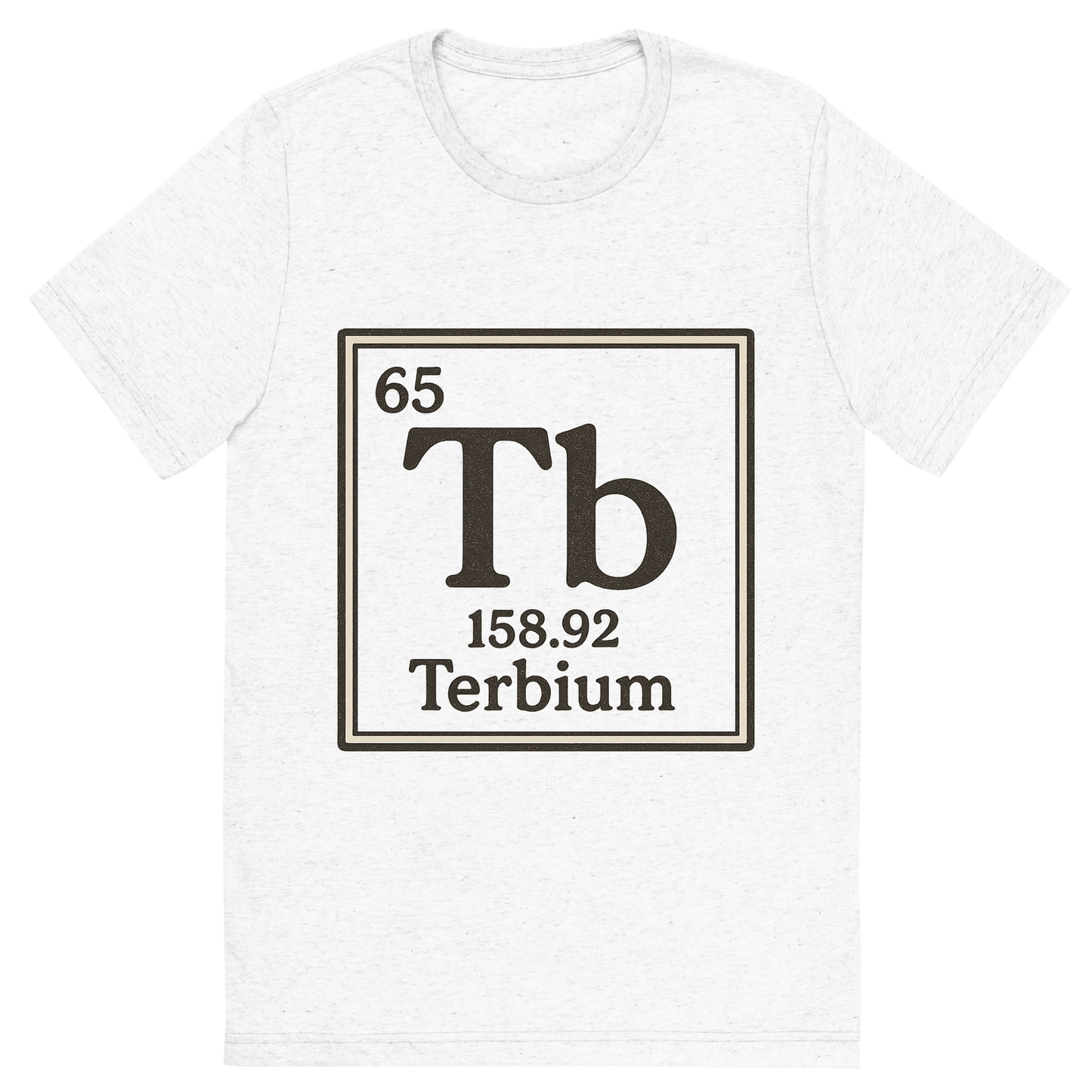 Front view of a Premium Tri-Blend Crew Neck T-Shirt in Solid White showing 'A line art, nostalgic graphic of terbium's entry on the periodic table, use a dark color for the lines and text'