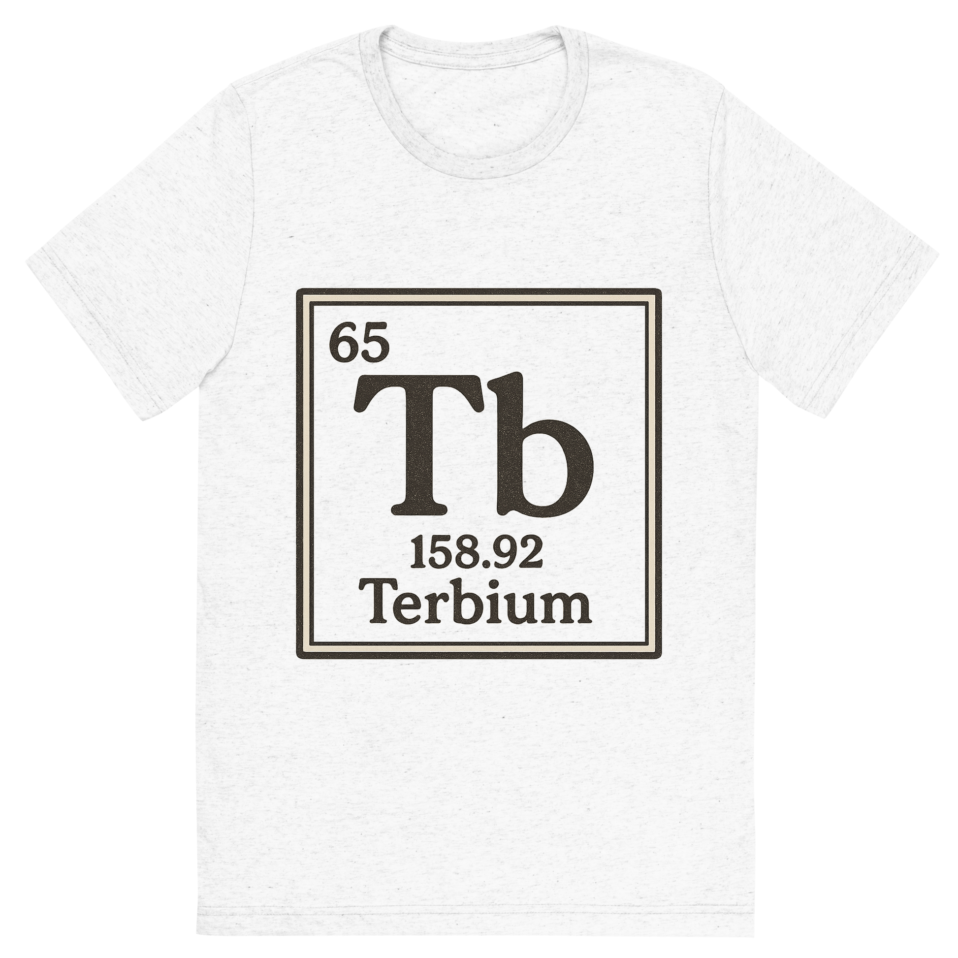 Front view of a Premium Tri-Blend Crew Neck T-Shirt in Solid White showing 'A line art, nostalgic graphic of terbium's entry on the periodic table, use a dark color for the lines and text'