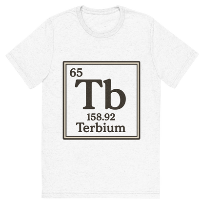 Front view of a Premium Tri-Blend Crew Neck T-Shirt in Solid White showing 'A line art, nostalgic graphic of terbium's entry on the periodic table, use a dark color for the lines and text'